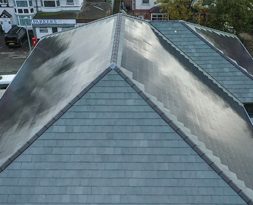 0016_Side view of Nulok Solar Tile Roof Installation On Pub In Ellesmere Port