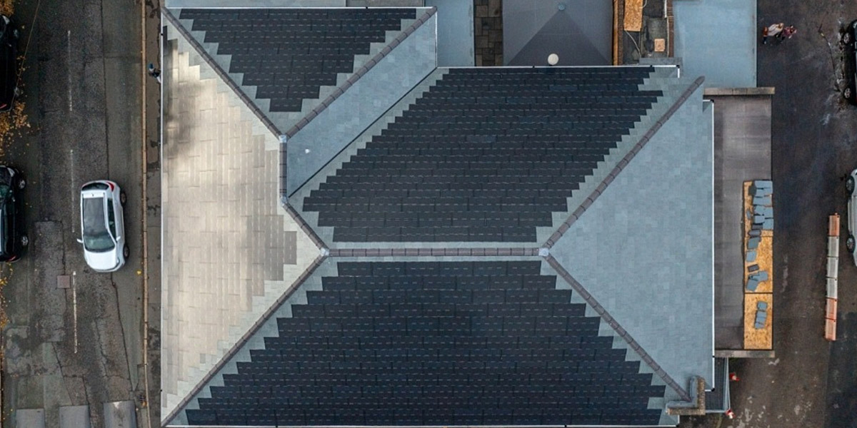0069_Birdseye view of Nulok Solar Tile Roof Installation On Pub In Ellesmere Port